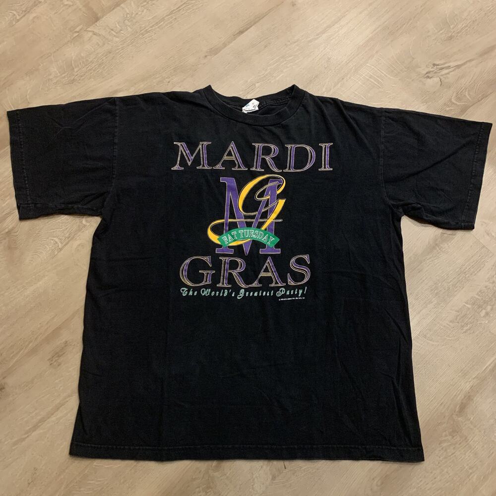 Vintage 90s Mardi Gras New Orleans T-Shirt Mens XL Black Fat Tuesday Graphic Tee